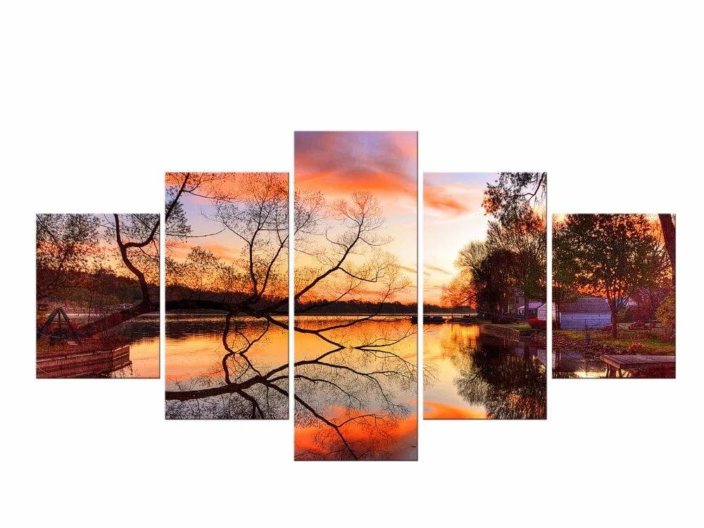 

5 Pieces Canvas Lake Sunset Landscape Wall Art Decoration Painting Home Decor Modern Wall Picture For Living Room Framed