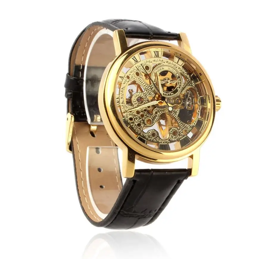 

Quartz Watch  For Fashion Luxury Mens Mechanical Skeleton Analog Watch Hand Wind Up Leather Strap Wristwatch
