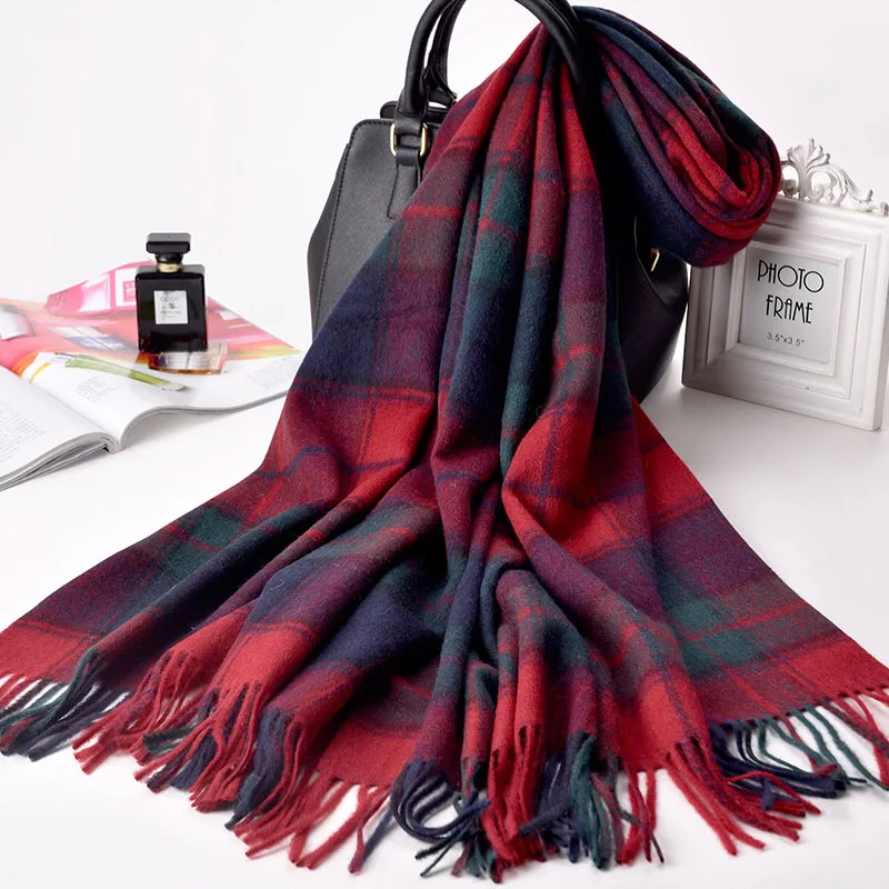 Клетчатый шерстяной шарф для женщин, зимний теплый толстый кашемировый шарф большого размера, шали и палантины для девушек,, роскошный брендовый шарф, длинный шарф-одеяло - Цвет: Color 6