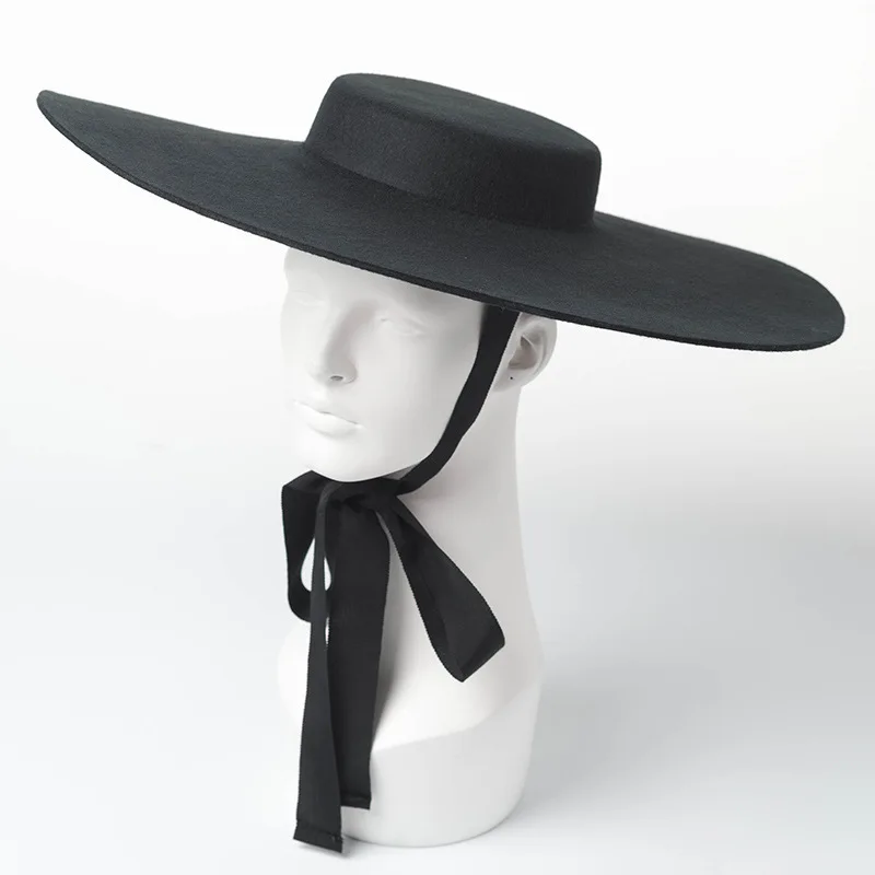 Высококачественная осенне-зимняя шапка оверсайз Женская шерстяная шляпа женская шляпа элегантная Fedora плоский Топ большая черная шляпа с лентой