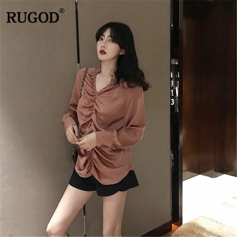 RUGOD V средства ухода за кожей Шеи Элегантный для женщин блузки для малышек фонари рукава Средний creased белый женские офисные одежда