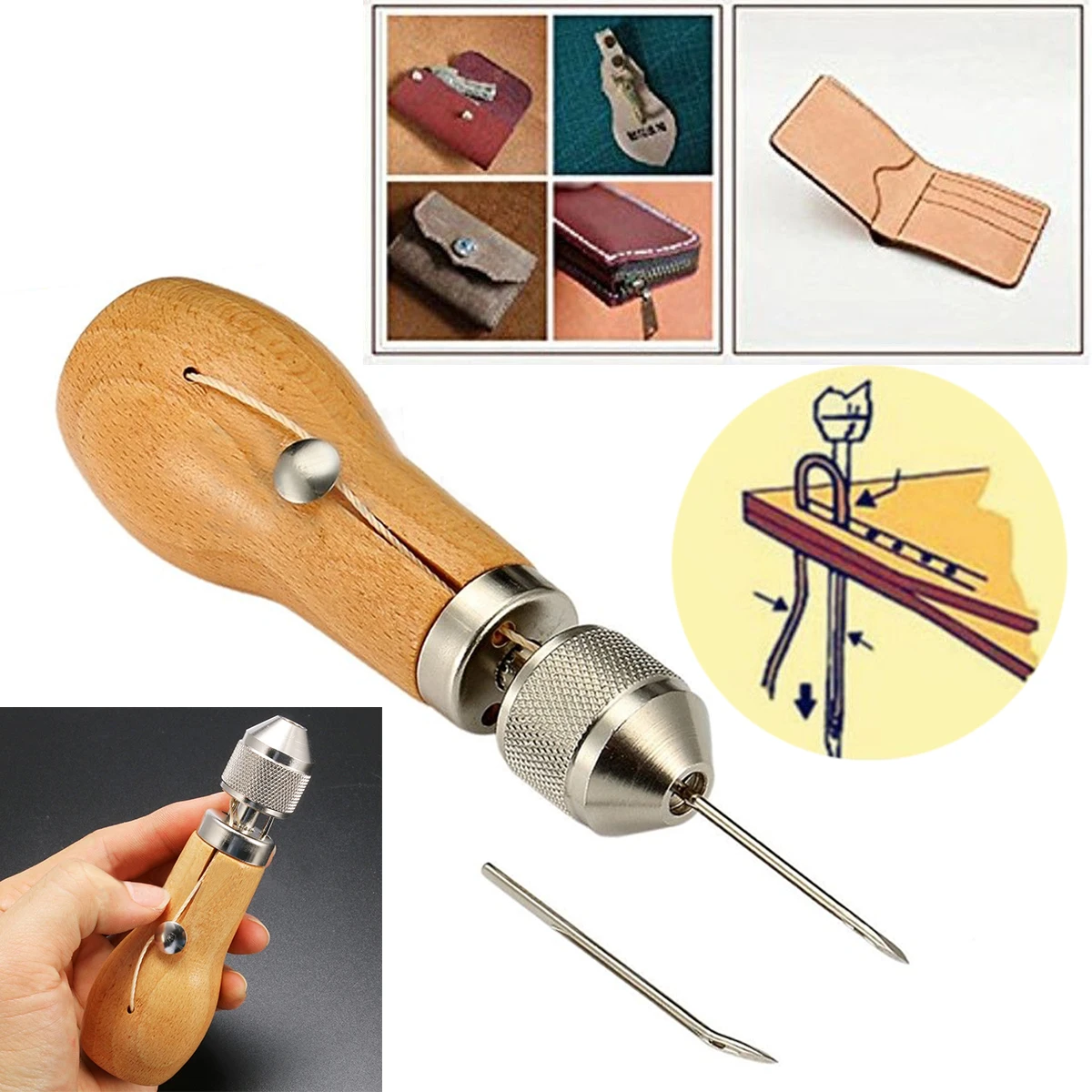 1pc Leather Craft Tool Stitching Sewing Awl With Waxed Thread And Needles