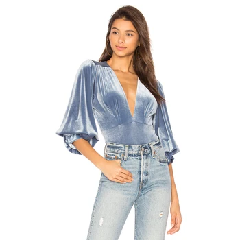 

New Design Women Sexy Jumpsuits Female Lantern Sleeve Layers Leisure Velour shirts Woman Tee base shirt Comfortable Clothes XL