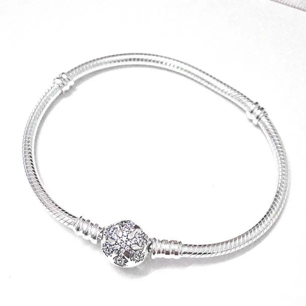 

925 Sterling Silver Bracelet for Women Snowflake Clap Snake Chain fit Lady Bead Charm Pendant