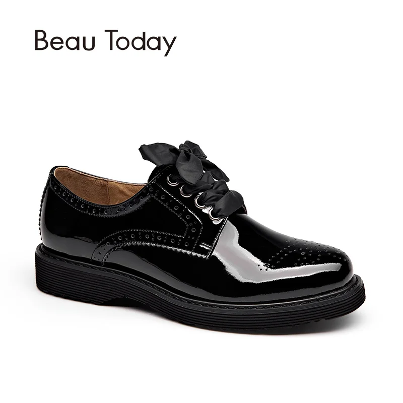 

BeauToday Derby Shoes Women Genuine Cow Leather Round Toe Patent Leather Handmade Brogue Style Flats 3 Kinds of Shoelaces 21083