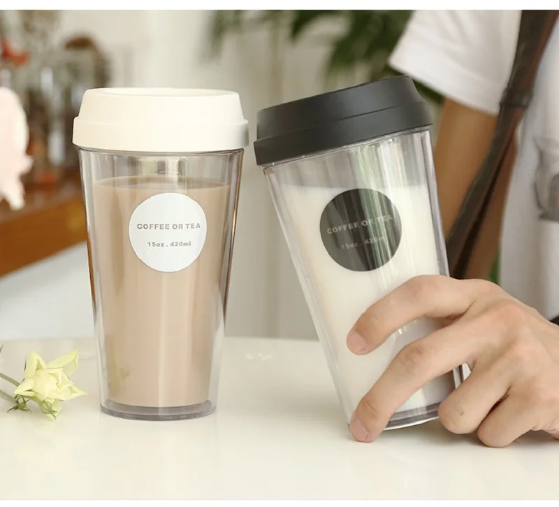 

Coffee Cup Double Wall Insulation Plastic Coffee Mug Transparent Car Water Cup Non-slip Cover Office Home Water Bottle Tumbler