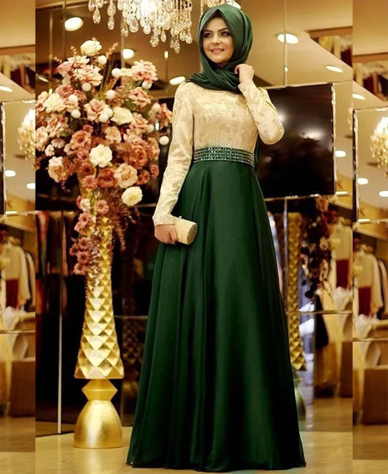 2017 Vestidos De Gala A Line Full Sleeve Muslim Evening Dresses Abaya In Dubai Crystal Appliques
