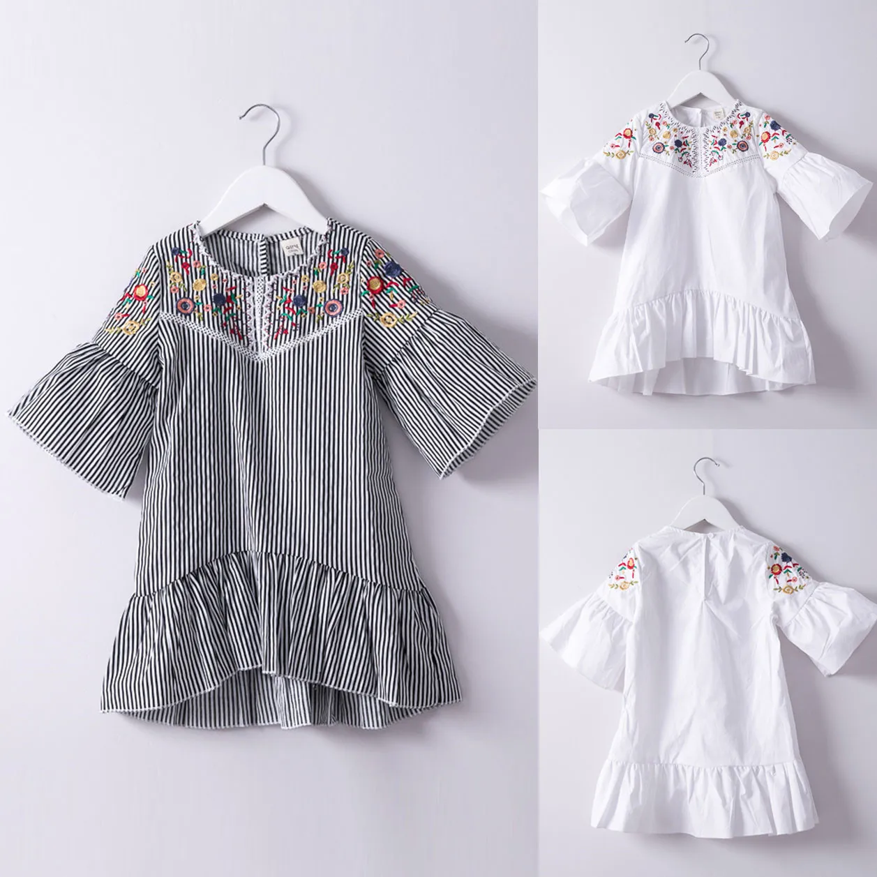 

Cute Toddler Kids Baby Girls Clothes Embroidery Stripe Party Pageant Princess Half sleeve Dress high quality W531