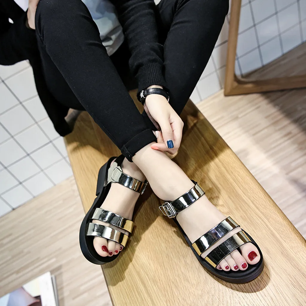 

Summer sandals women flat Shoes Ladies Leather Peep Wedges Buckle Roman Sandal vintage Thick buckle strap beach Shoes Femme