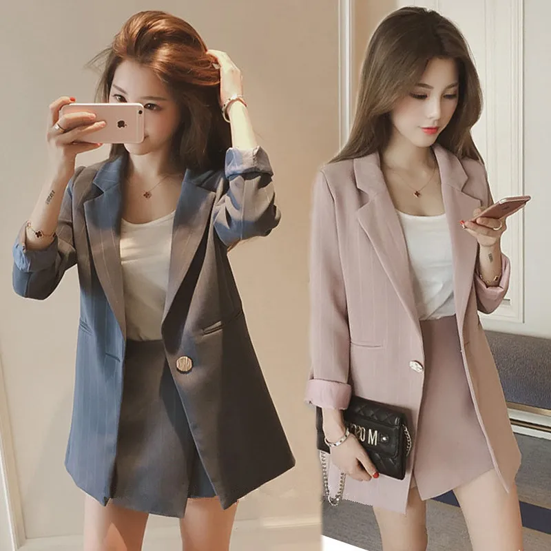 CBAFU Женский комплект, Корейский Осенний Блейзер, костюм с длинным рукавом, розовая полосатая куртка, шорты, офисный комплект из 2 предметов, темпераментные тонкие комплекты N611