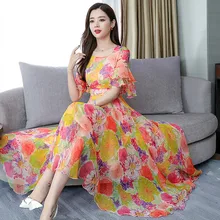 2019 Summer Chiffon Dress Floral Print Boho Beach Dress Tunic Maxi Dress Women O-neck Party Dress Sundress Vestidos De Festa 2019 Summer Chiffon Dress Floral Print Boho Beach Dress Tunic Maxi Dress Women O-neck Party Dress Sundress Vestidos De Festa