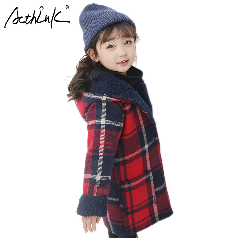 

ActhInK Girls Winter Coat Kids Cotton-Padded Plaid Overcoat Girls Preppy Style Topcoat for Winter Kids Outdoor Warm Woolen Coat