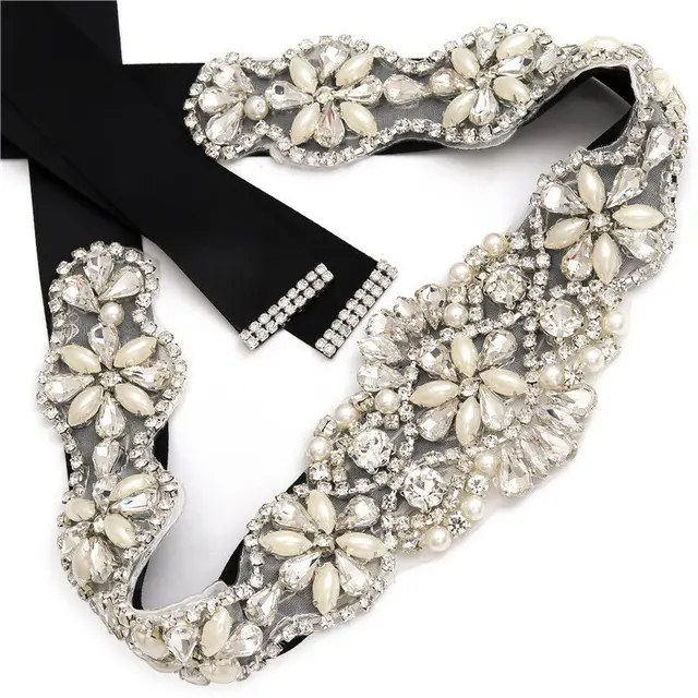 MissRDress Wedding Rhinestones Bridals Belt Pearls Crystal Bridal Belt Jeweled Bridal Sash For Wedding Dresses Pearl Belts JK806 Silver---navy