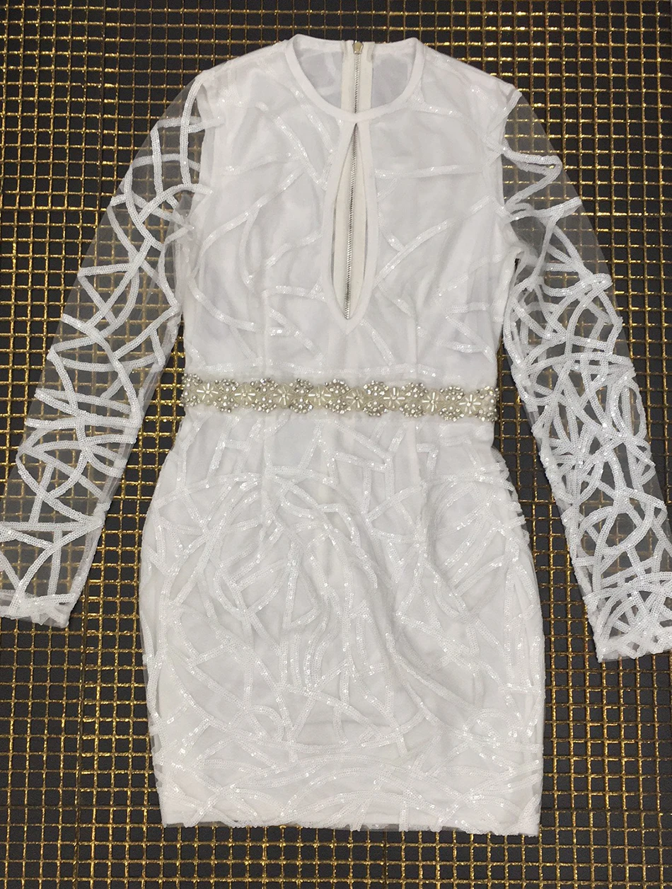 Жемчужным бисером белая футболка с круглым вырезом, длинными рукавами и сексуальные узкие женское платье Осень Новые однотонные Цвет вечерние платья