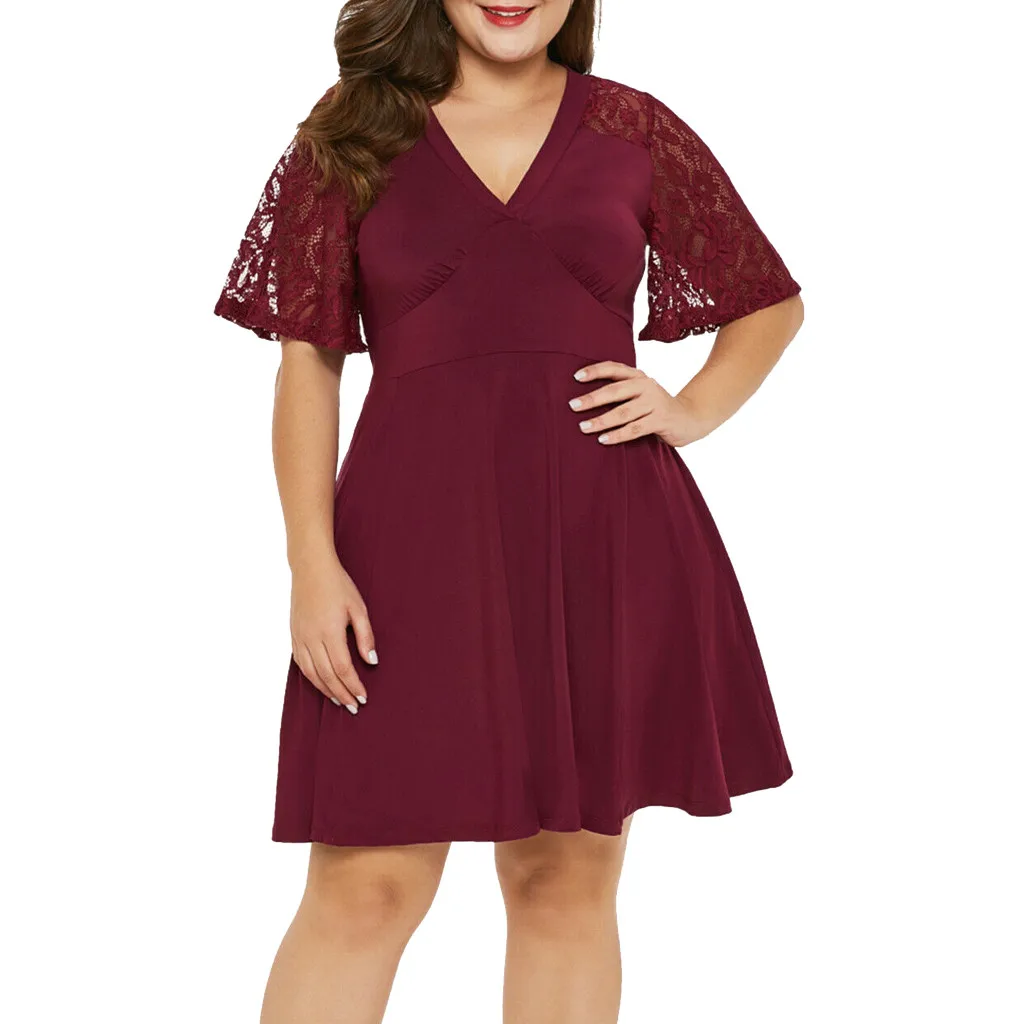

JAYCOSIN Plus Size Dresses For Women 4xl 5xl Large Size Solid Color V-neck short-sleeved Lace Party Dress For Elegant Women May