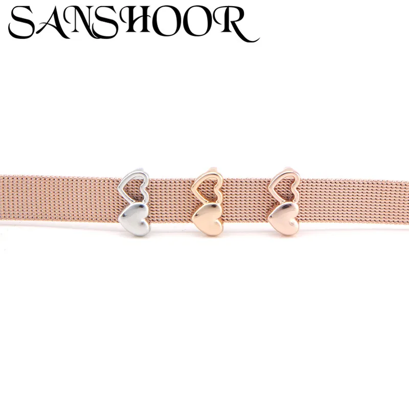 

SANSHOOR Jewelry Interlocking Hearts Slide Charms Keeper For 10mm Stainless Steel Mesh Bracelets As Classic Romantic Accessories