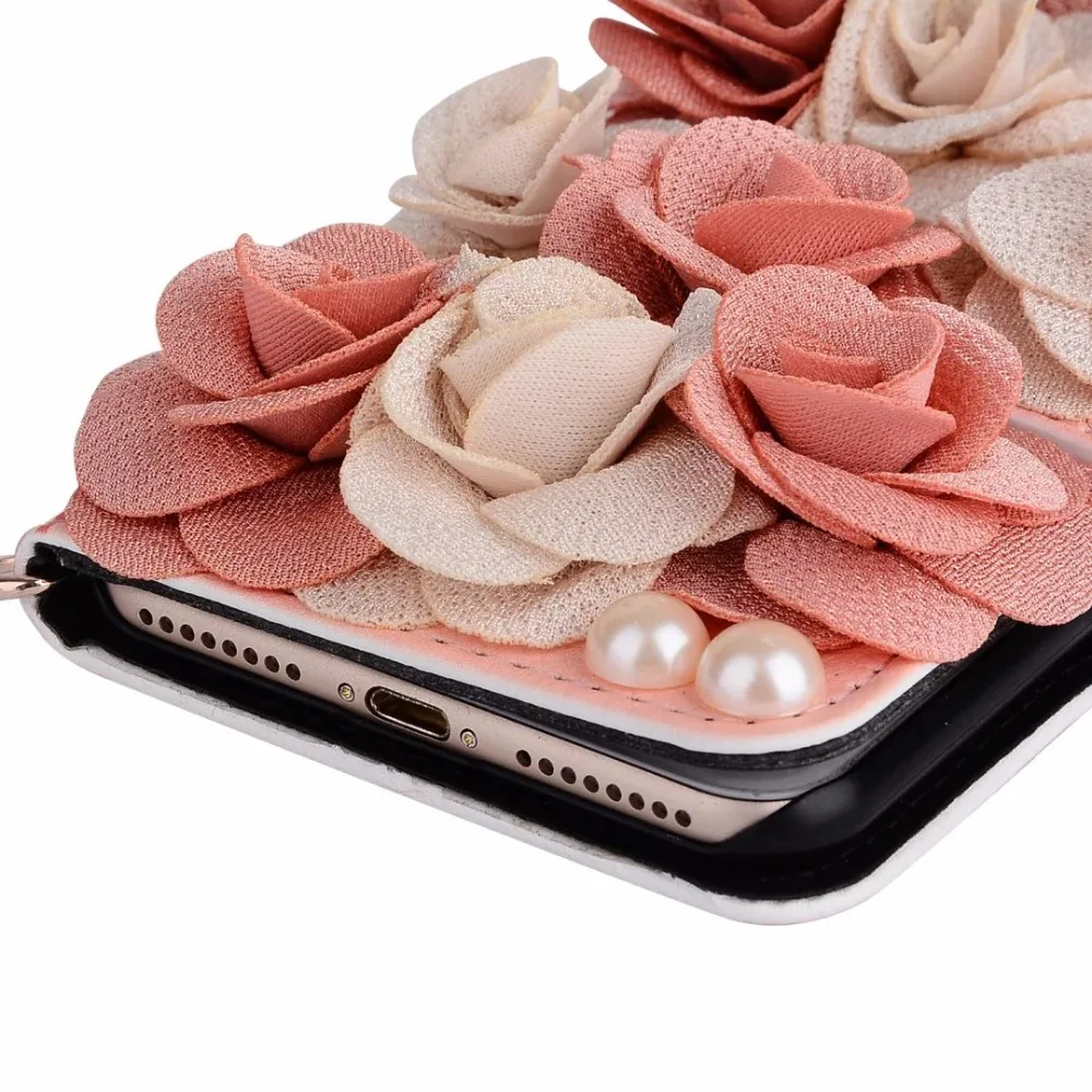 Модный красивый розовый кружевной цветочный флип-кошелек жемчужная сумочка кожаный чехол для iPhone 11 Pro XS Max XR X 8 7 6S Plus