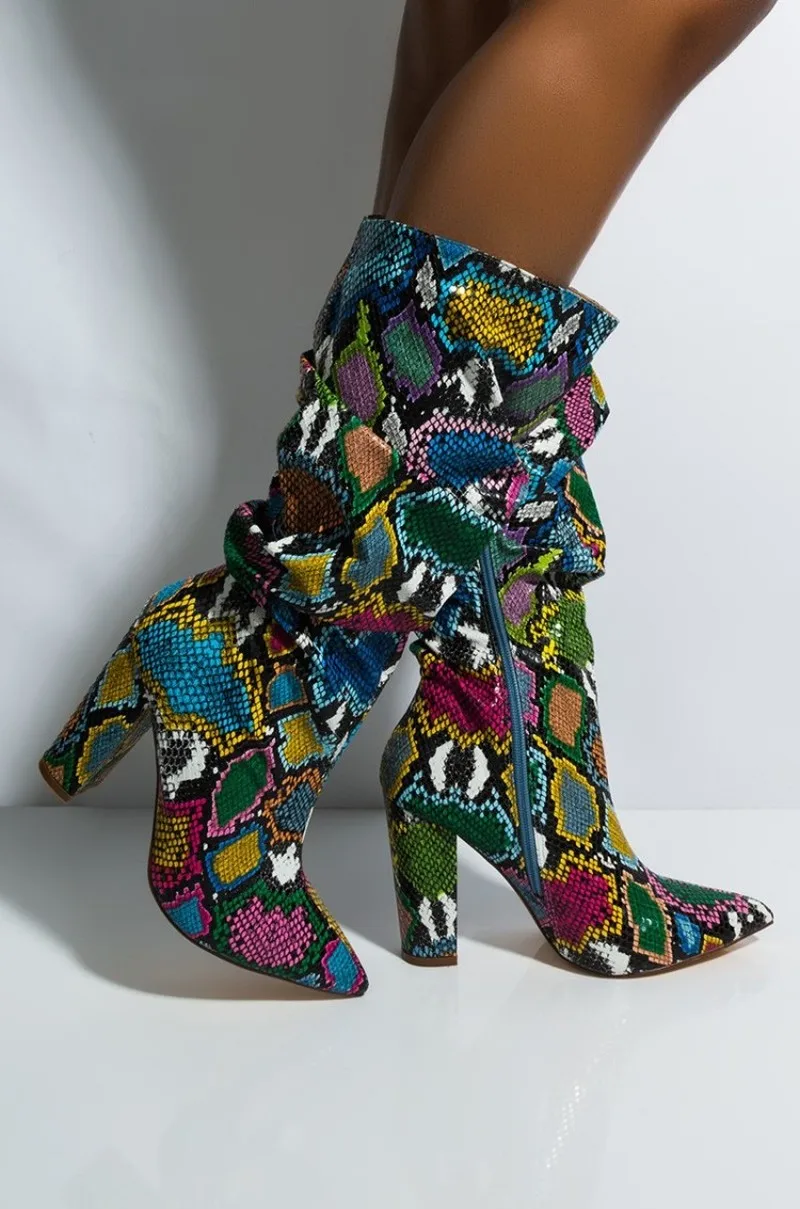 

Womens Pointed Toe Mid Calf Boots Python Snake Pattern Mixed Colors Side Zipper Block Chunky Heels Shoes Fashion Luxury A1238