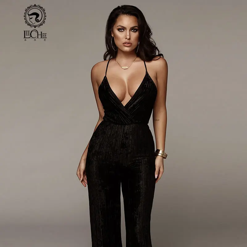 

2018 New Streetwear Style Black/Pink Sexy Spaghetti Strap Empire Jumpsuits Women Deep V-Neck Lace Up Jumpsuits