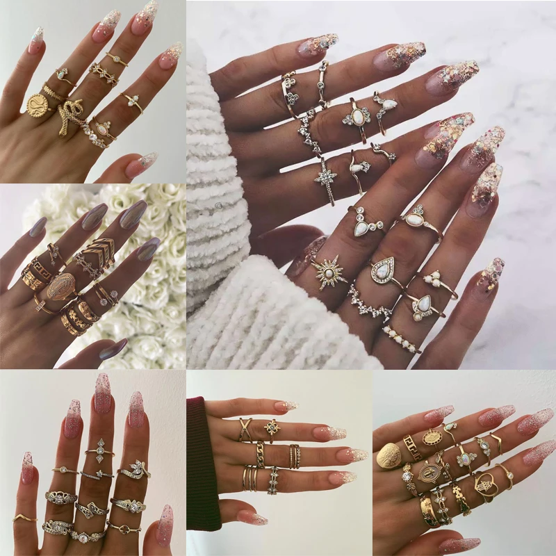 

Docona 7Style Women Bohemian Vintage Gold Color Heart Crystal Snake Portrait Cross Opal Joint Ring Set Punk Party Jewelry Gift