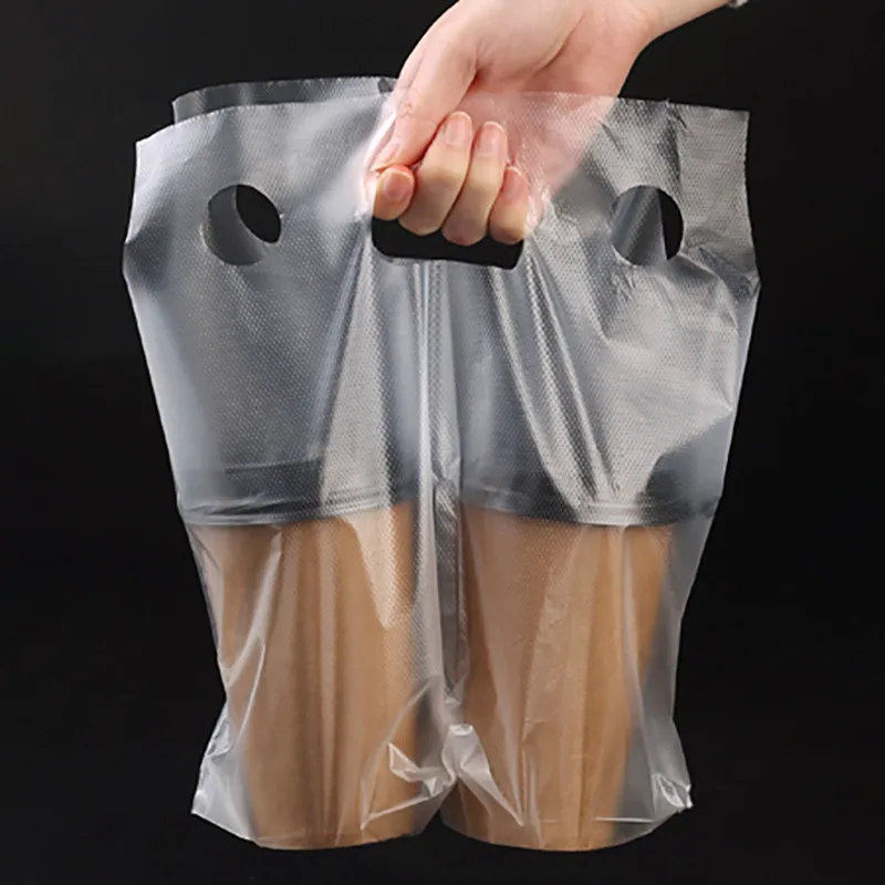 50pcs Disposable Cup Bags Coffee Doggy Bag Take-away Drinking Packing Tools Pastic Double Cups Carrier Bottle Handbag