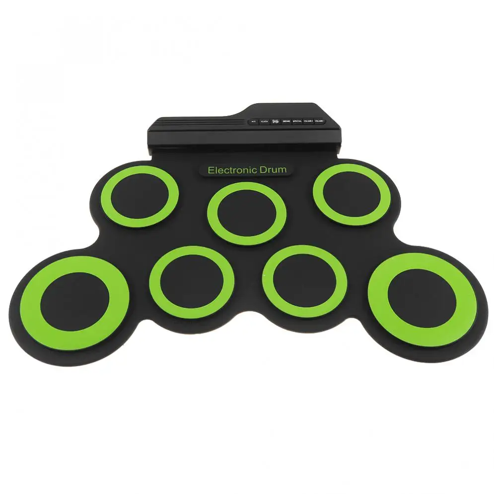 Портативный электронный цифровой USB 7 колодки ролл-ап барабанная установка силиконовый зеленый Электрический барабанный комплект с барабанными палочками и поддерживающей педалью