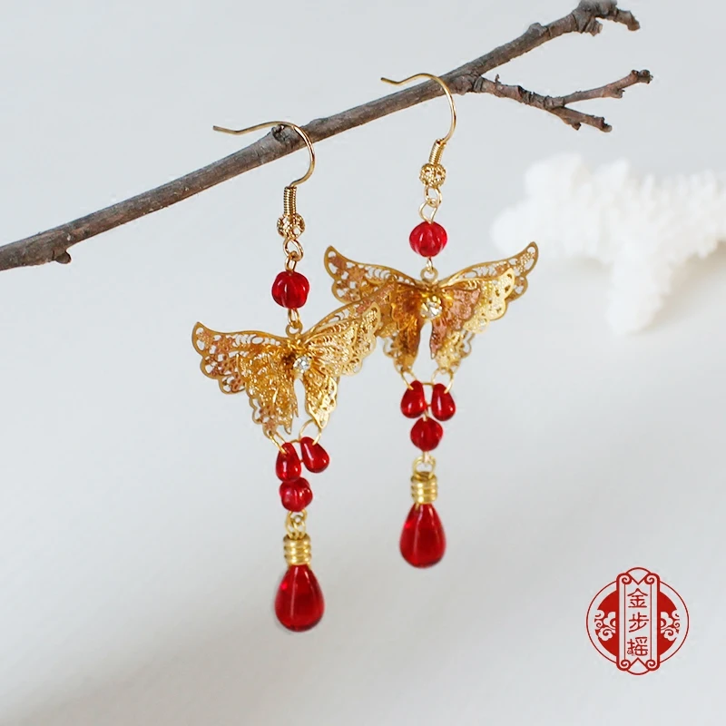 

Chinese style vintage handmade gold butterfly dangle earrings for Hanfu dress Accessories gift box package 8.5cm