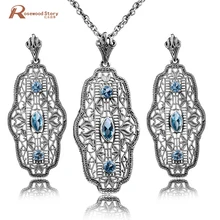 Подлинное серебро 925 пробы ювелирные изделия оптом Ручной работы синий кристалл горного хрусталя винтажные Свадебные Ювелирные наборы кулонов& серьги