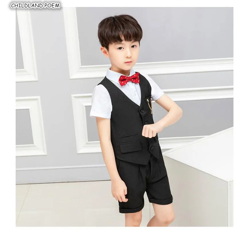 

Formal Boys Suit For Wedding Costume Summer Gentleman Baby Boys Clothing Set Shirt + Vest+ Pants +Bow Tie 4Pcs/set Kids Blazer