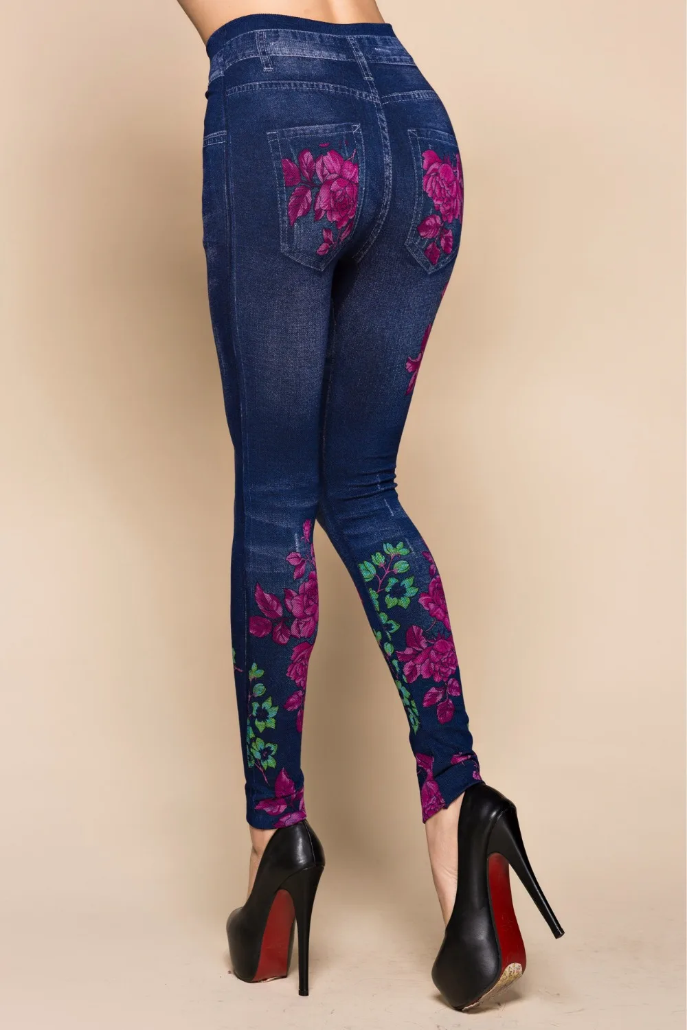 Fashion Slim Women Spring Summer Leggings Faux Denim Jeans Leggings Long Floral Printing Casual Pencil Pants Thin Fleece Inside white leggings