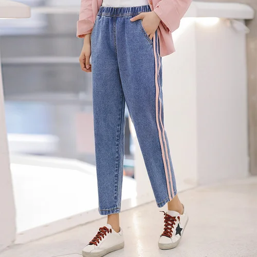 

New Summer 2018 Side Stripe Skinny Jeans Women Stretch High Waist Ankle Length Fashion Patch Splice Denim Boyfriend Jeans Female