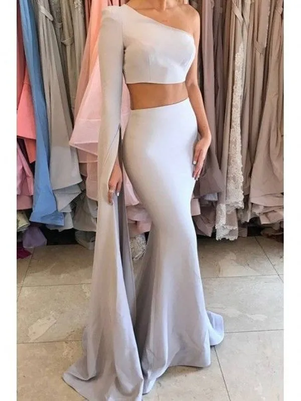 Promworld Grey Evening Dresses Mermaid One Shoulder Simple Long Evening Gowns Satin Two Pieces Prom Dresses