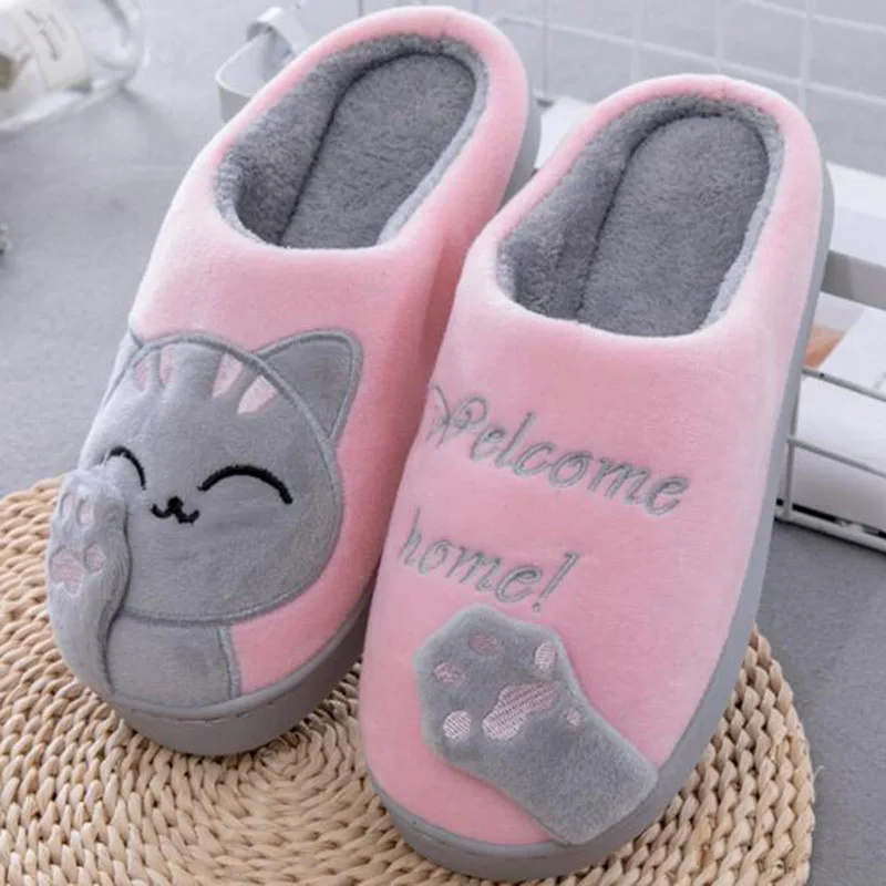 

Fashion Women Female Casual Furffy Cotton Slippers Shoes Cartoon Cat Printed Thicken Bottom Non-slip Winter Warm Slippers Shoes