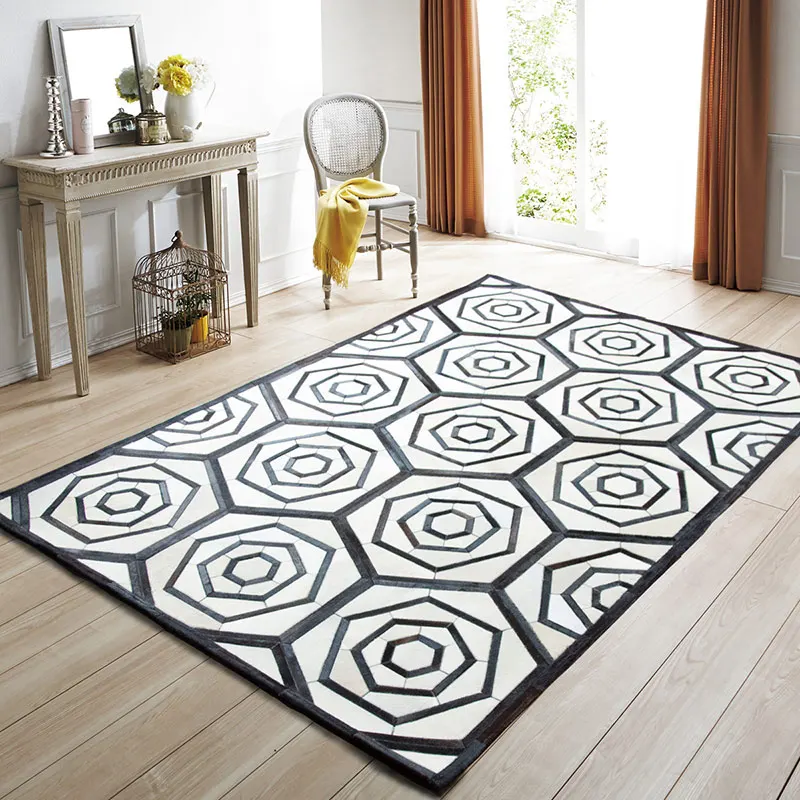 American Style Luxury Cowhide Seamed Rug Modern Black And White