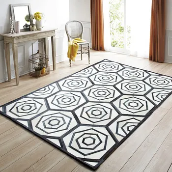 

American style luxury cowhide seamed rug modern black and white geometric pattern cowskin chequer carpet for home decoration