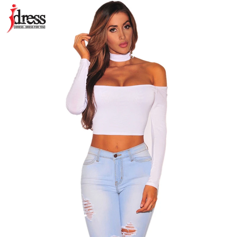 Короткий топ IDress чокер бюстье с открытыми плечами футболка длинным рукавом