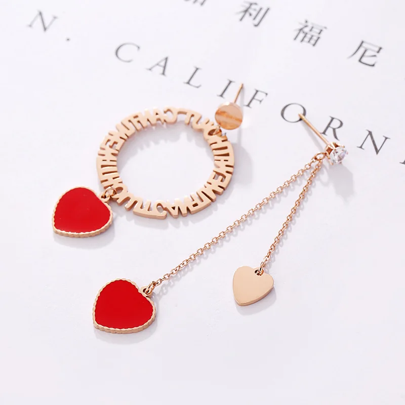 Серьги с красным сердцем цирконом и надписью Love модные ювелирные изделия