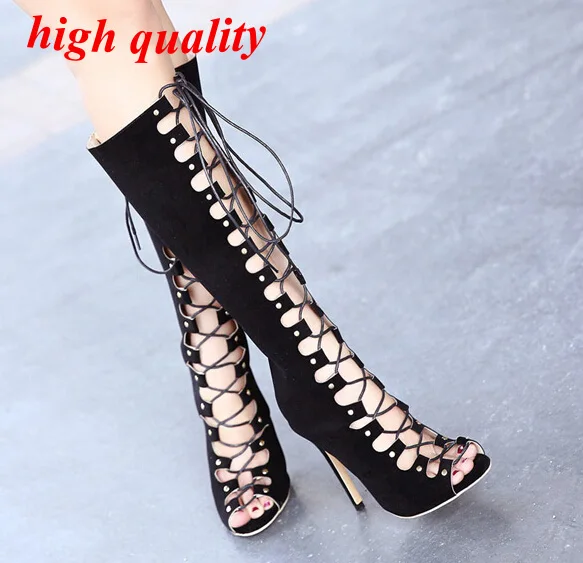 

Summer Boots lace up women Booties Cut-outs High Heel Knee Boots Women Sexy Dress Shoes Gladiator Sandal Women thigh Boots Y705