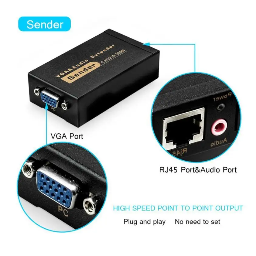 

Superior Quality 1080P VGA Video Audio Extender Single Sender Receiver Over RJ45 CAT5e/6 100M Feb22