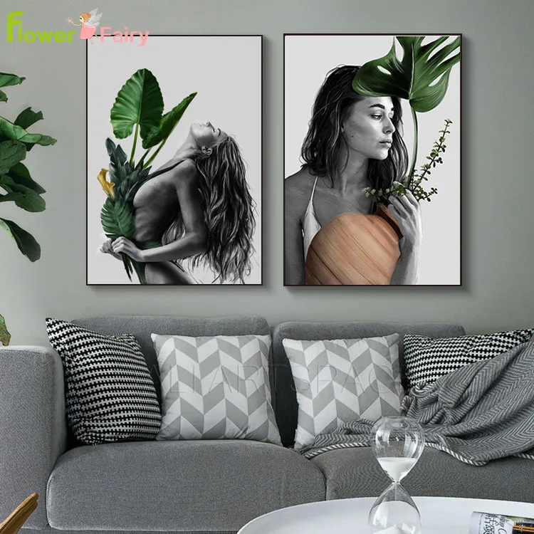 

Abstract Girl Wall Art Canvas Painting Nordic Poster Pictures For Living Room Turtle Leaf Posters And Prints Home Decor Unframed