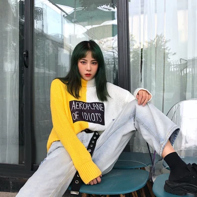 Свитер Харадзюку большого размера, женский корейский свитер с воротником под горло и надписью, Женский пуловер, вязаный джемпер, Лоскутная свободная одежда - Цвет: yellow