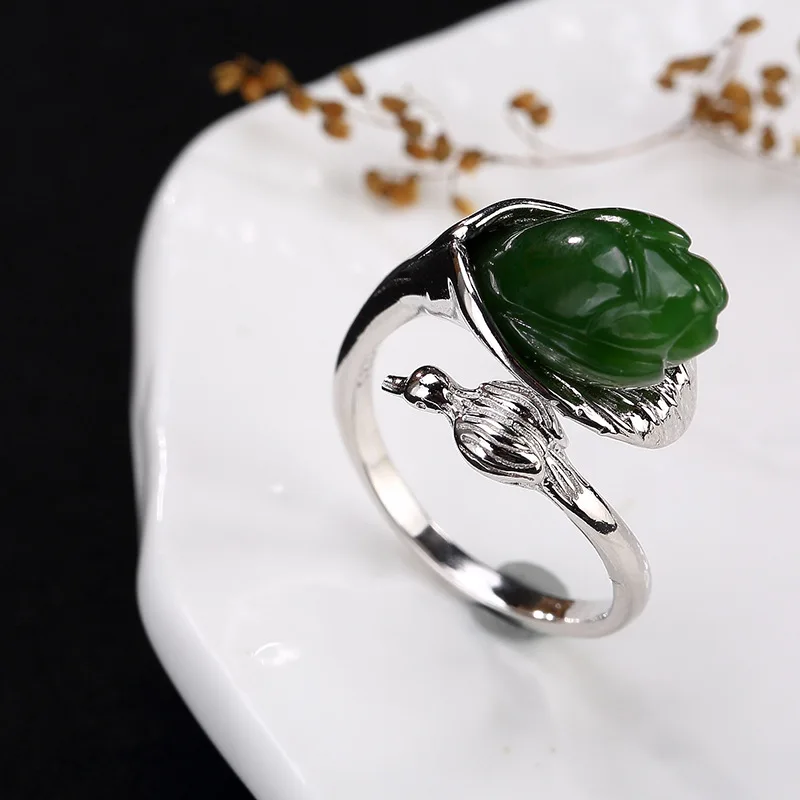 

S925 pure silver inlay hetian orchid restoring ancient ways the magpies ms silver ring