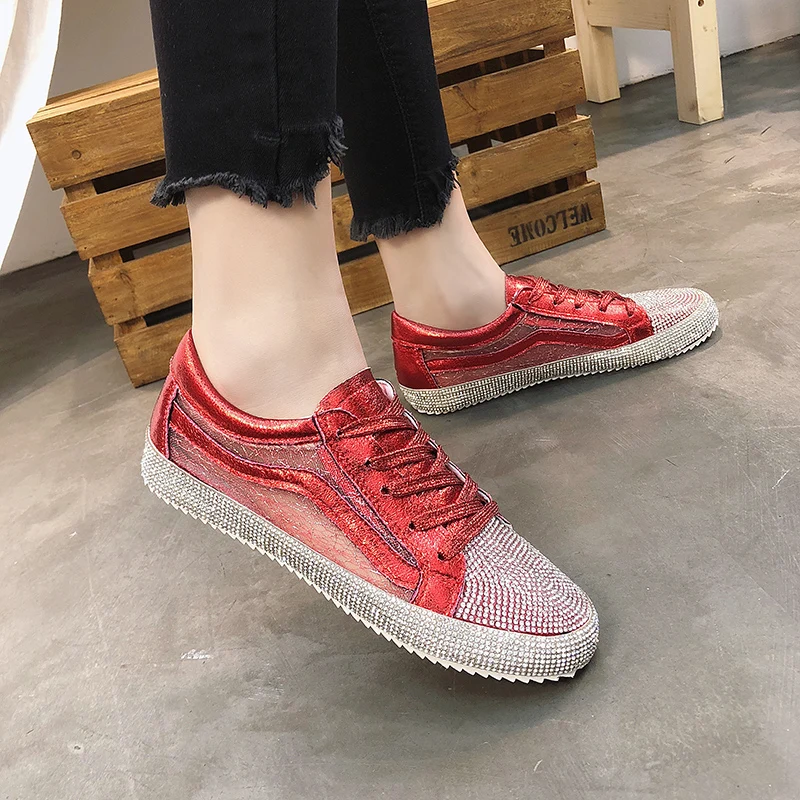 Новая модная повседневная обувь; дорогие женские кроссовки со стразами; обувь на плоской подошве со шнуровкой; zapatillas mujer; женская обувь на плоской подошве; A00109 - Цвет: Красный
