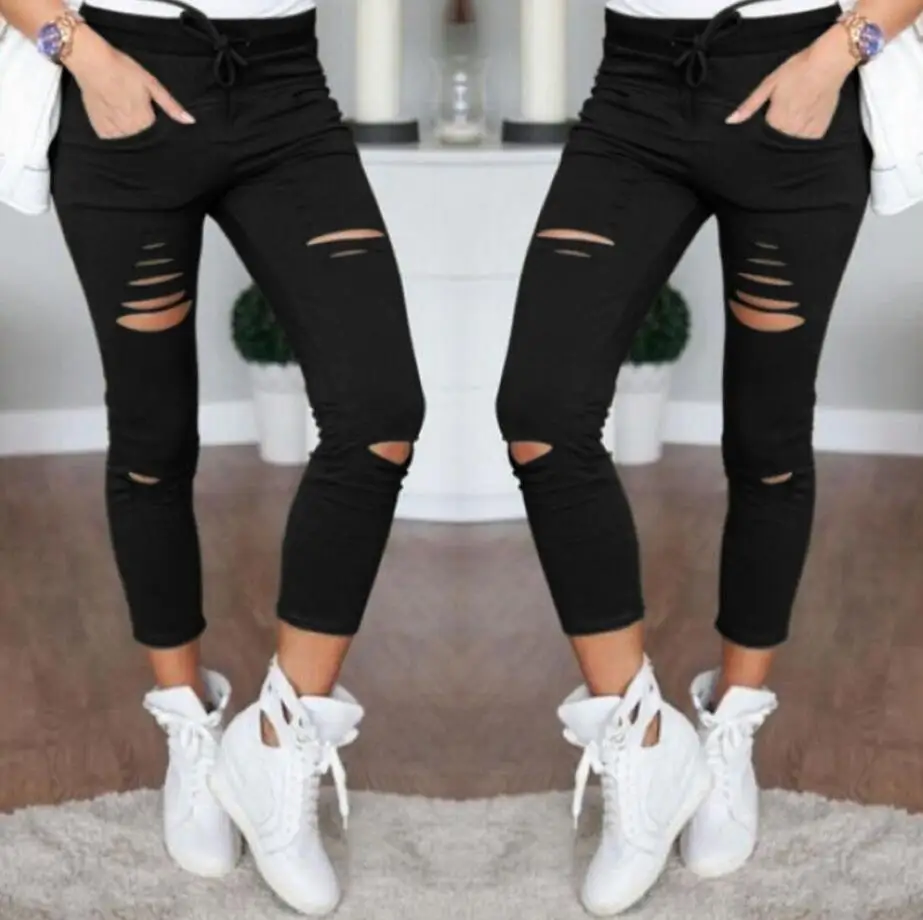 New 2016 Skinny Jeans Women Denim Pants Holes Destroyed Knee Pencil Pants Casual Trousers Black White Stretch Ripped Jeans Jeans