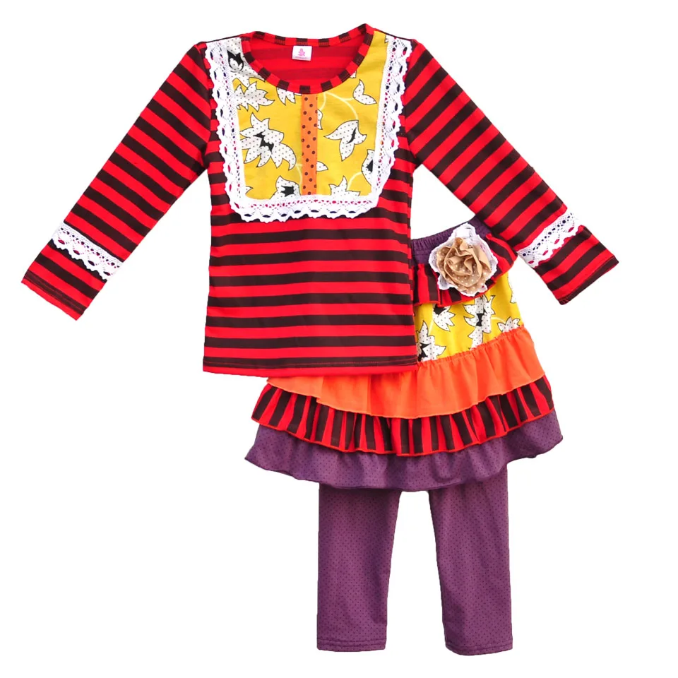 

Winter Baby 3PCS Clothes Long Sleeve Stripes Bib Tops Cotton Children Clothing Set With Polka Dots Leggings Ruffle Skirts F048