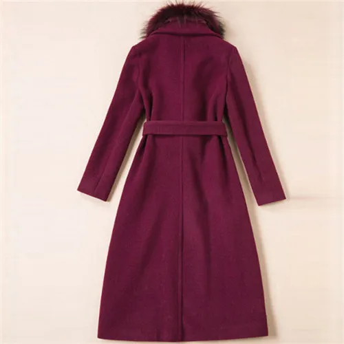 Autumn Winter Celebrity High Streen Long Wool Coat Women Woolen Overcoat FUr Collar Solid Blue Coats Wine Red Outerwear Size XL
