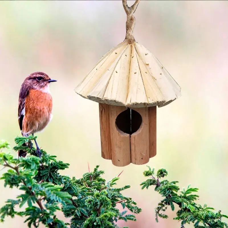 Fir Cone Bird House Wooden Birds Nest Handmade Wood Crafts With Rope Lanyard Hanging Birdhouse