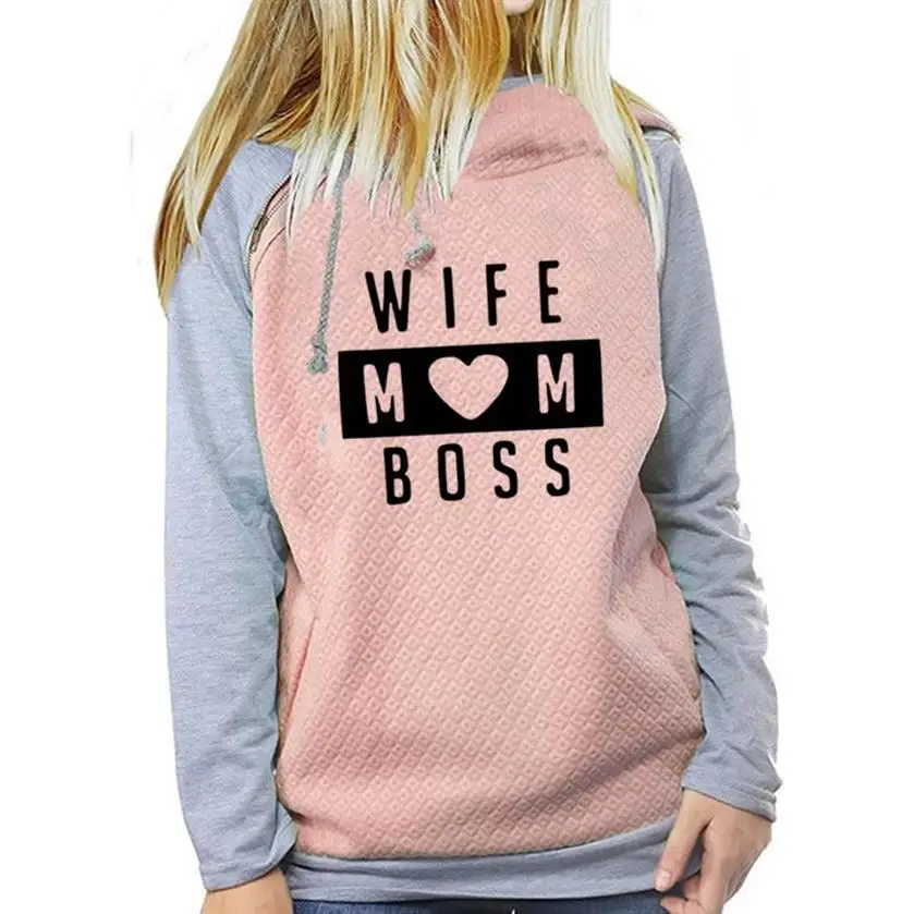 WIFE MOM BOSS Pattern Letters Print Hoodies For Women Zipper Decoration Kawaii Sweatshirts Hoodies Femmes Girls Female 2018 And