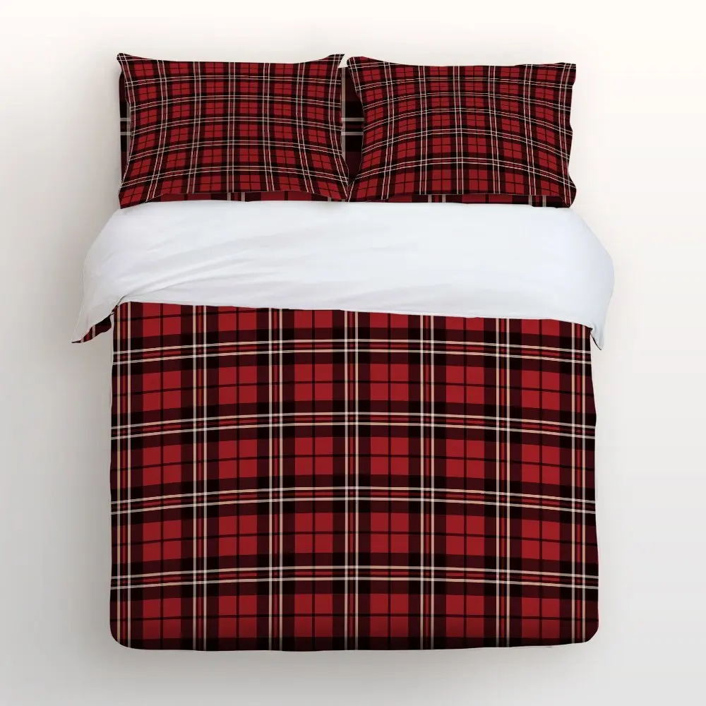 Duvet Cover Set with Zipper Closure Scotland Plaid Striped Black Red
