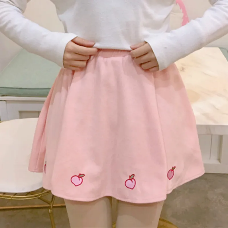 

3 Colors High Waist Women Skirt Sweet Pink Woolen Mini Skirt Girls Models Harajuku Loose Elastic Waist Peach Embroidery Skirt